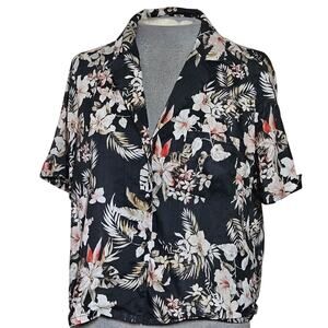 Tropical Button Up Crop Cotton Blend Blouse Size Medium